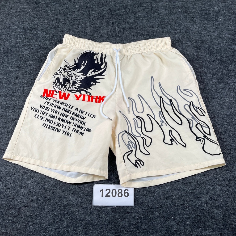 ROMWE Shorts Mens Medium Beige Dragon Flame Graphic Print Drawstring Waist